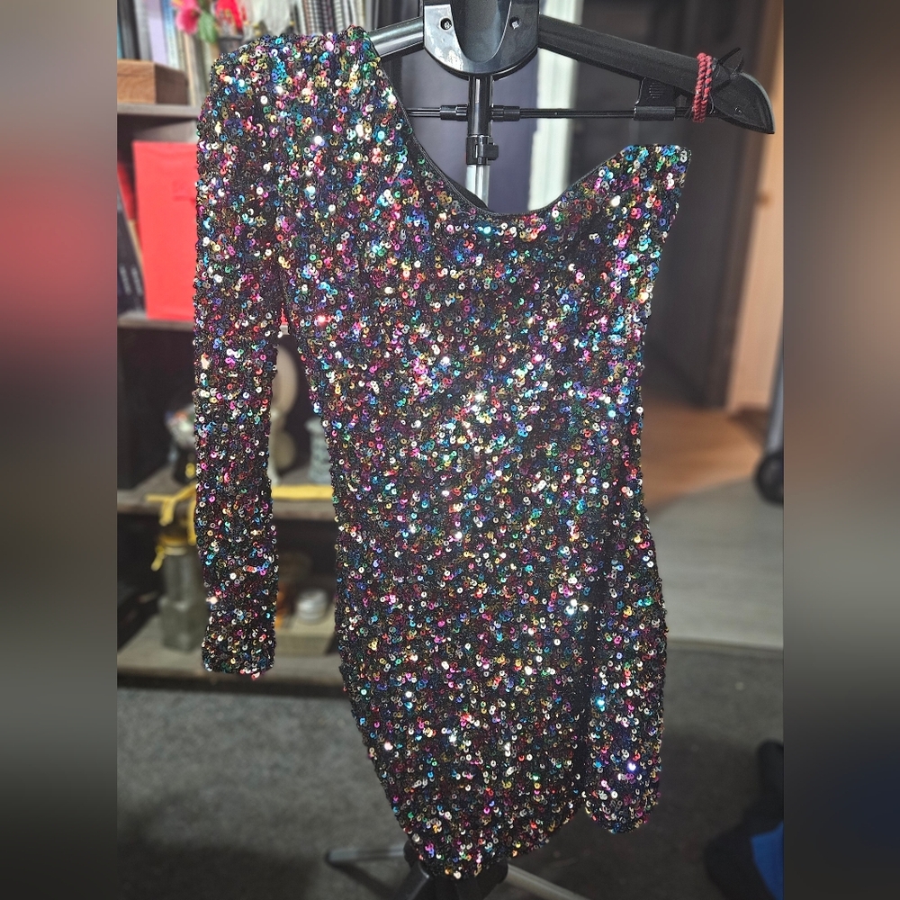Multicolor One-Shoulder Sequin Dress Sz P (S) 4-1023
